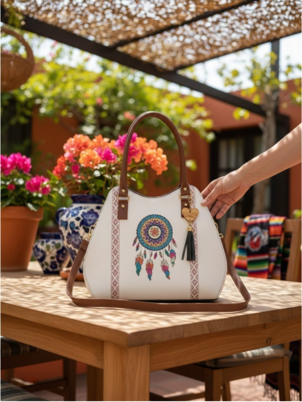 White Boho Dreamcatcher Embossed VEGAN Leather Handbag Purse Crossbody Bag